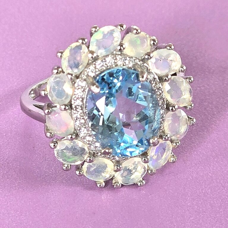 Natural Blue Topaz 11x9mm & Fire Opal Gemstone 925 Sterling Silver Ring Sz 8