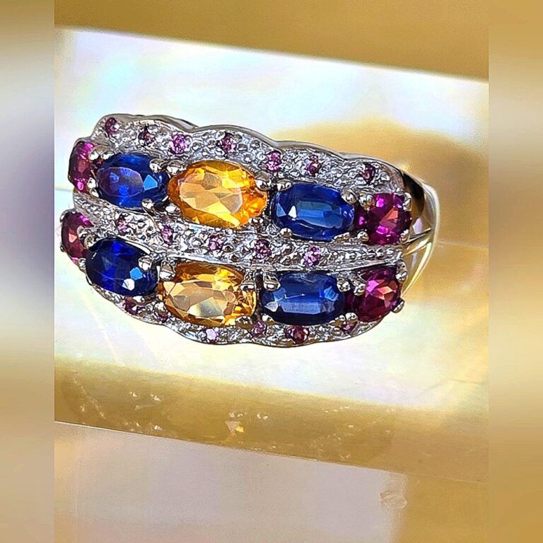 Natural Citrine, Kyanite, Rhodolite Gemstone 925 Sterling Silver Ring Size 7.5