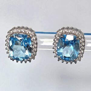 Natural Sky Blue Topaz 12x10mm & White Zircon 925 Sterling Silver Earrings