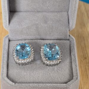 Natural Sky Blue Topaz 12x10mm & White Zircon 925 Sterling Silver Earrings