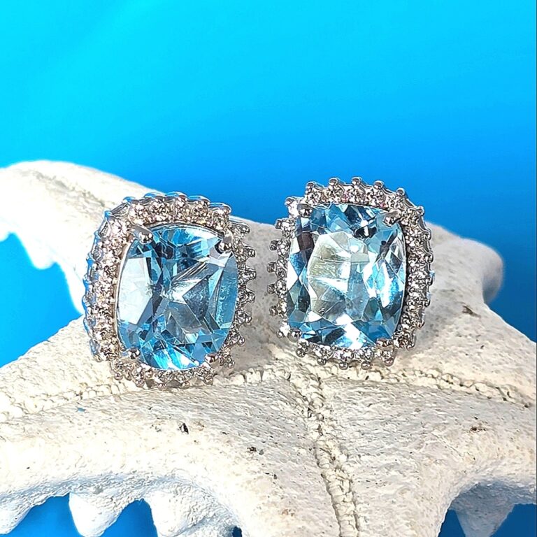 Natural Sky Blue Topaz 12x10mm & White Zircon 925 Sterling Silver Earrings