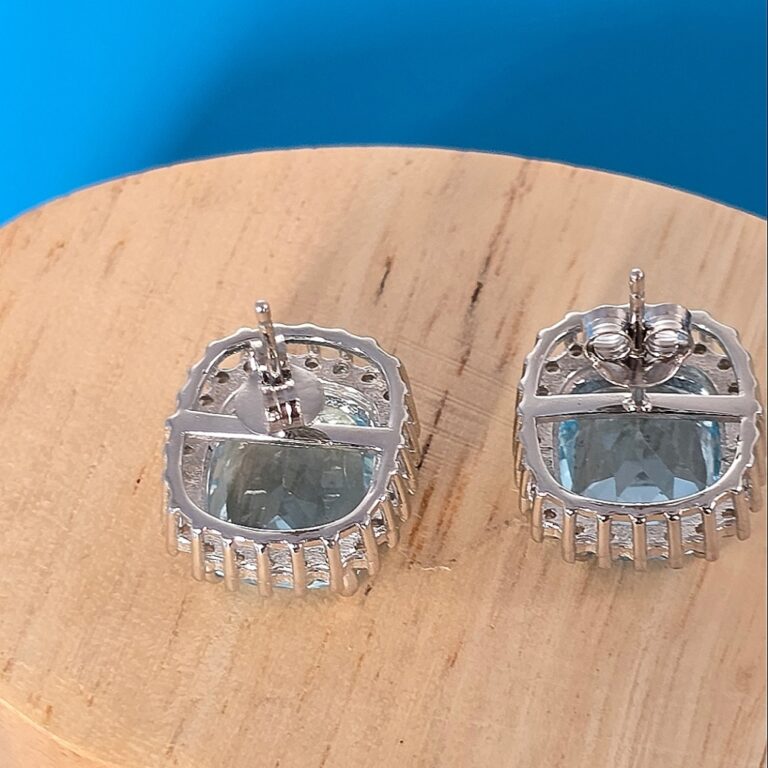 Natural Sky Blue Topaz 12x10mm & White Zircon 925 Sterling Silver Earrings