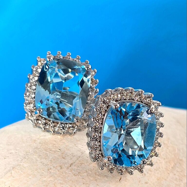 Natural Sky Blue Topaz 12x10mm & White Zircon 925 Sterling Silver Earrings