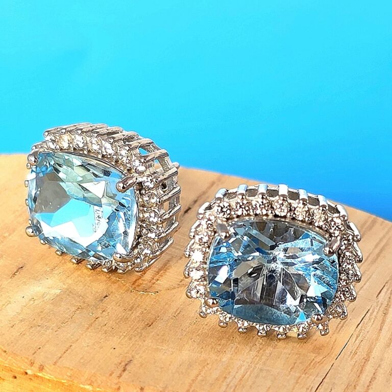 Natural Sky Blue Topaz 12x10mm & White Zircon 925 Sterling Silver Earrings