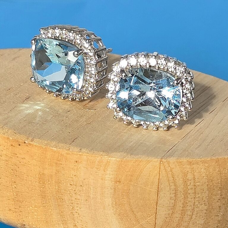 Natural Sky Blue Topaz 12x10mm & White Zircon 925 Sterling Silver Earrings