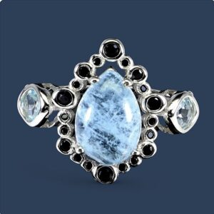 Natural Aquamarine 12x8mm & Black Spinel 925 Sterling Silver Ring Sz 8.5