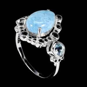 Natural Aquamarine 12x8mm & Black Spinel 925 Sterling Silver Ring Sz 8.5