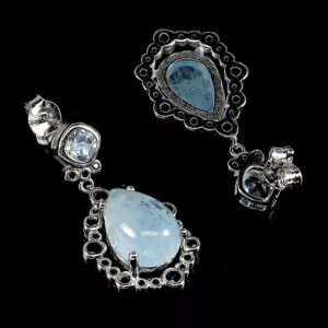 Natural Aquamarine 12x8mm & Black Spinel 925 Sterling Silver Earrings