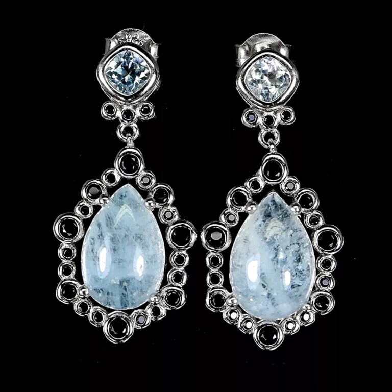 Natural Aquamarine 12x8mm & Black Spinel 925 Sterling Silver Earrings