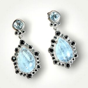 Natural Aquamarine 12x8mm & Black Spinel 925 Sterling Silver Earrings