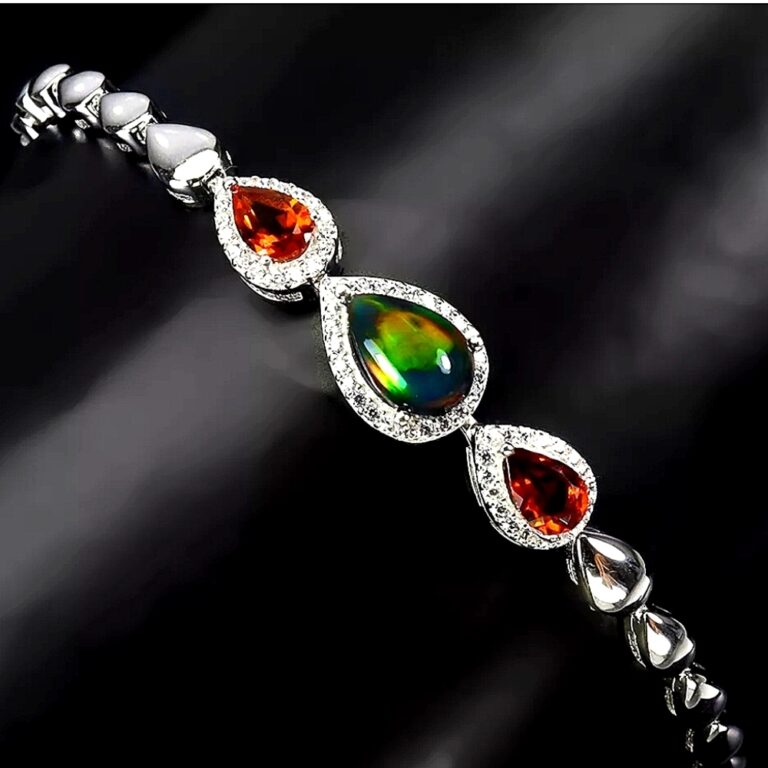 Natural Black Opal 9x7mm & Citrine 925 Sterling Silver Bracelet 7"