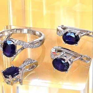 Natural Sapphire set "Afina" 925 Sterling Silver Earrings Pendant Ring 6.75/7.75