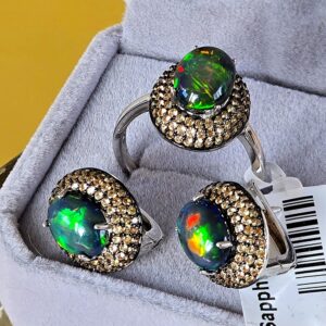 Top Quality Natural Black Opal & Sapphire 925 Silver Set: Earrings & Ring 8.5