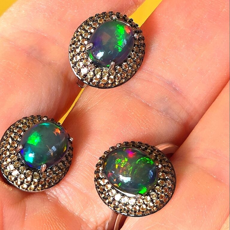 Top Quality Natural Black Opal & Sapphire 925 Silver Set: Earrings & Ring 8.5