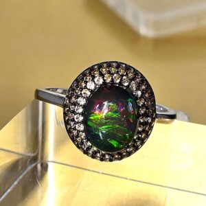 Top Quality Natural Black Opal & Sapphire 925 Silver Set: Earrings & Ring 8.5