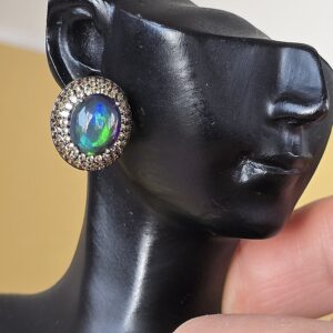 Top Quality Natural Black Opal & Sapphire 925 Silver Set: Earrings & Ring 8.5