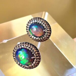 Top Quality Natural Black Opal & Sapphire 925 Silver Set: Earrings & Ring 8.5