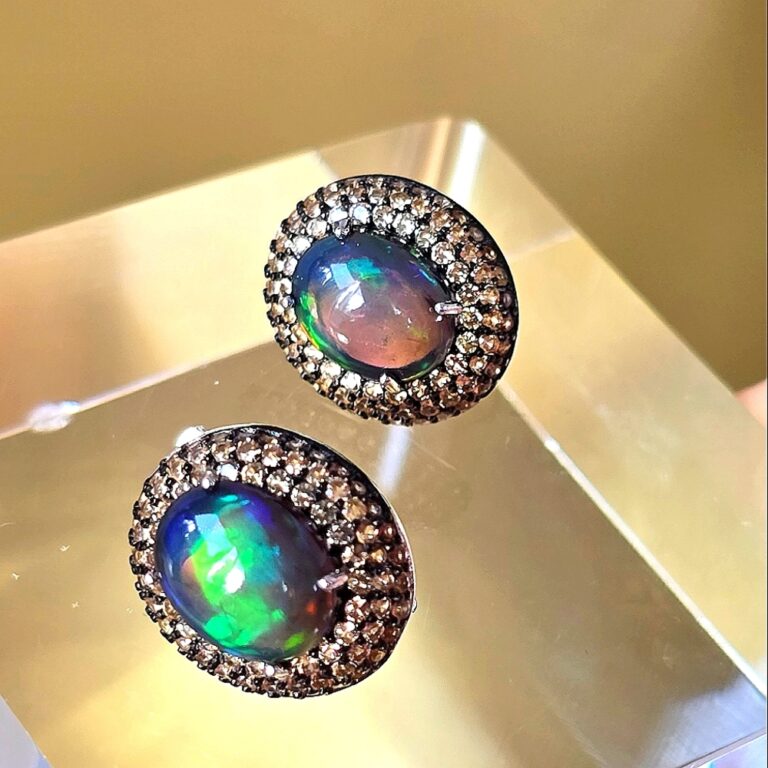 Top Quality Natural Black Opal & Sapphire 925 Silver Set: Earrings & Ring 8.5