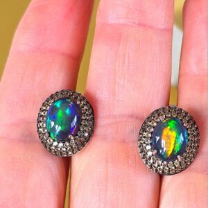 Top Quality Natural Black Opal & Sapphire 925 Silver Set: Earrings & Ring 8.5