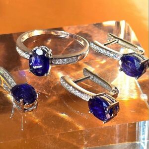 Natural Sapphire set "Teala" 925 Sterling Silver Earrings Pendant Ring 7.75