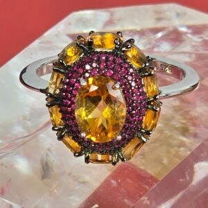 925 Sterling Silvet Ring Sz 8 with Natural Citrine & Ruby Gems