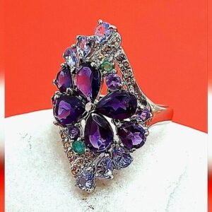 Natural Amethyst, Emerald, Sapphire, Tanzanite 925 Sterling Silver Ring 7.5
