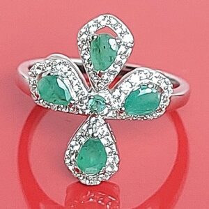 Natural Green Emerald 4x3mm & White Topaz 925 Sterling Silver Ring Size 7.75