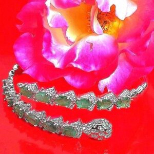 Natural Emerald & CZ 925 Sterling Silver Snake Bangle Bracelet