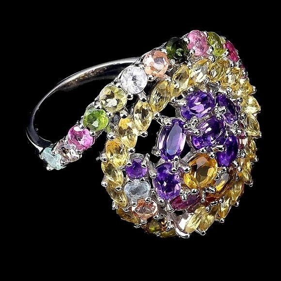 Natural Oval Citrine 6x4mm & Tourmaline Gems 925 Sterling Silver Ring Sz 9 - Image 2