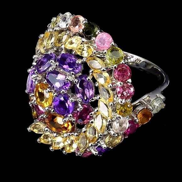 Natural Oval Citrine 6x4mm & Tourmaline Gems 925 Sterling Silver Ring Sz 9 - Image 3