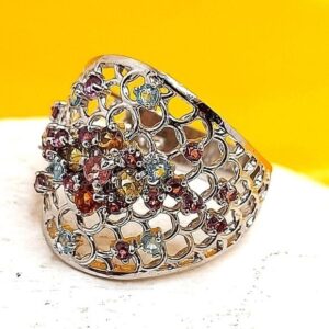 Natural Tourmaline, Apatite, Rhodolite Garnet 925 Sterling Silver Ring Sz 7.5‎