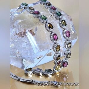 925 Sterling Silver Necklace 19" (adjustable) with Natural Oval Tourmaline & CZ