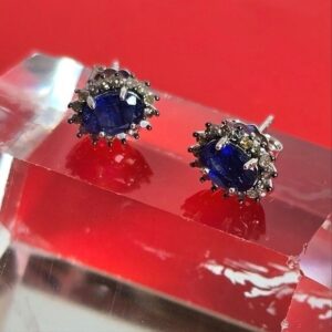 925 Sterling Silver Stud Earrings with Natural Blue Sapphire & Natural Diamonds