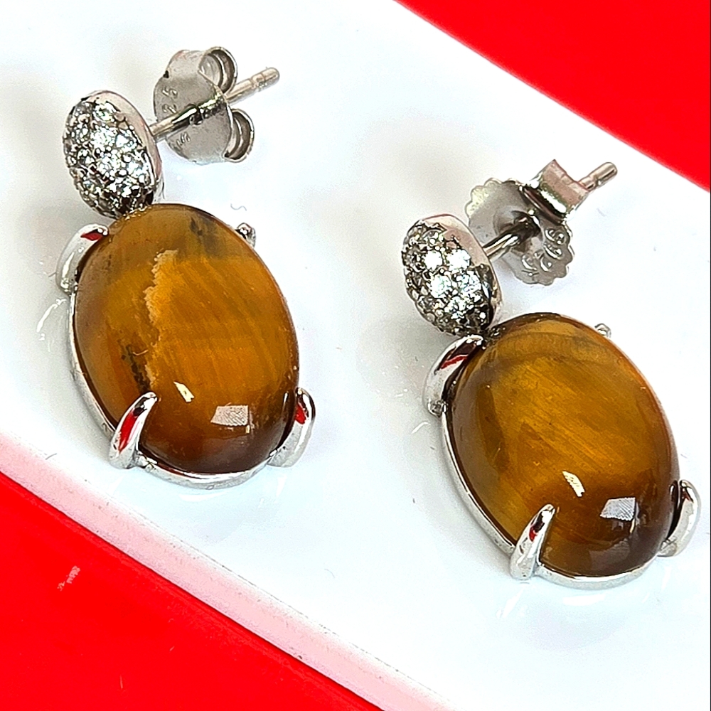 925 Sterling Silver Earrings with Natural Tiger's Eye 10x15mm & Cz