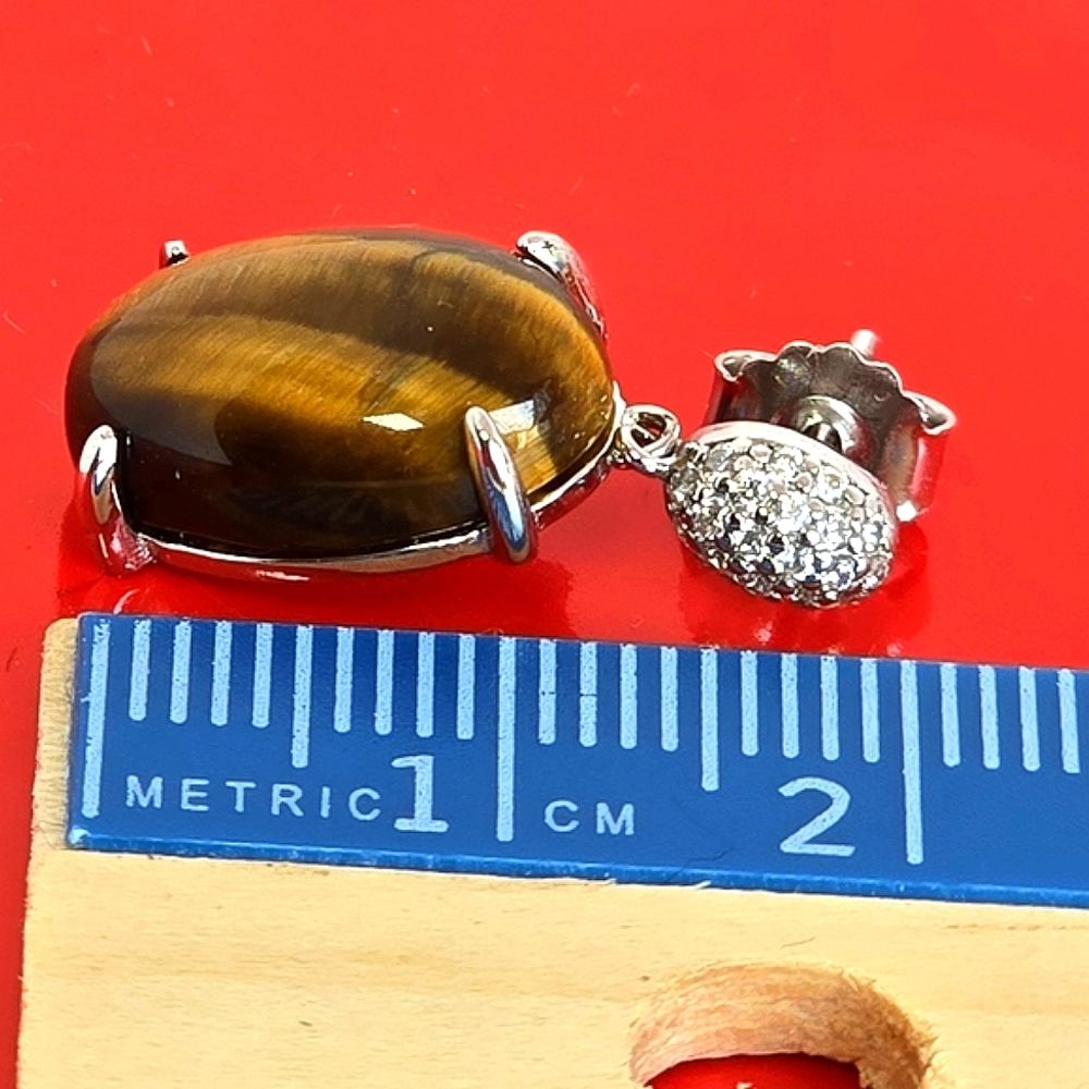 925 Sterling Silver Earrings with Natural Tiger's Eye 10x15mm & Cz