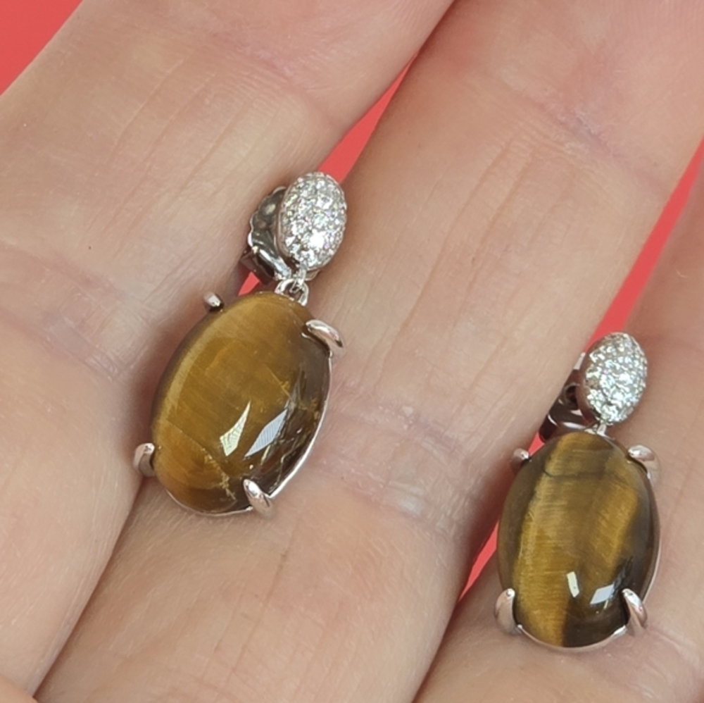 925 Sterling Silver Earrings with Natural Tiger's Eye 10x15mm & Cz