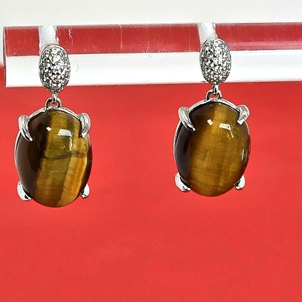 925 Sterling Silver Earrings with Natural Tiger's Eye 10x15mm & Cz
