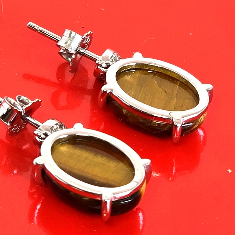925 Sterling Silver Earrings with Natural Tiger's Eye 10x15mm & Cz