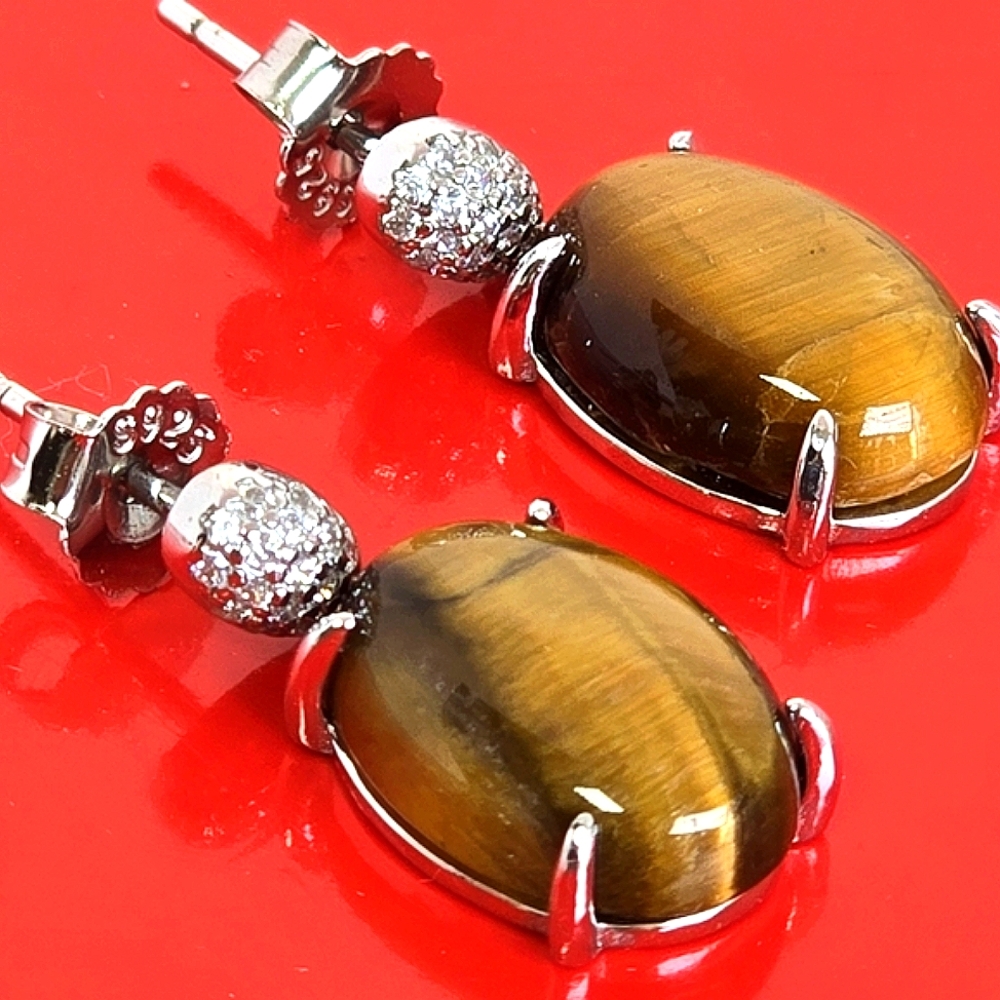 925 Sterling Silver Earrings with Natural Tiger's Eye 10x15mm & Cz