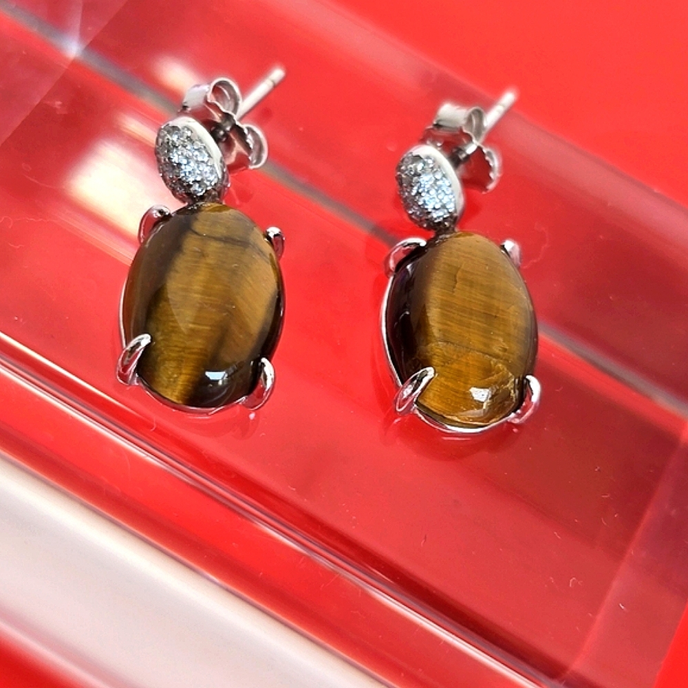 925 Sterling Silver Earrings with Natural Tiger's Eye 10x15mm & Cz