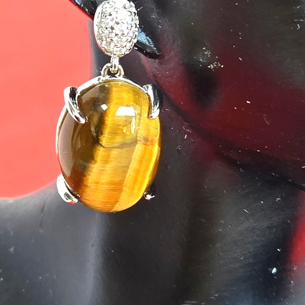 925 Sterling Silver Earrings with Natural Tiger's Eye 10x15mm & Cz