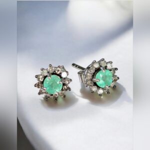 925 Sterling Silver Stud Earrings with Natural Emerald 4mm & Natural Diamonds