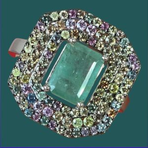 925 Sterling Silver Ring Sz 8 with Natural Emerald 9x7mm & Sapphire Gemstones