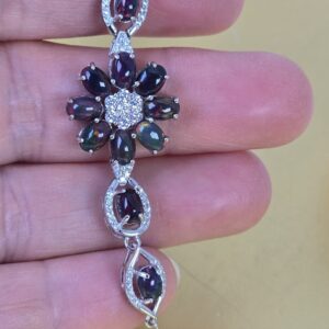 925 Sterling Silver Adjustable Flower Bracelet with Natural Blk Opal & Cz