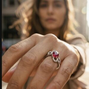 925 Sterling Silver Ring 6.5 with Natural 6x8mm Ruby & Natural Diamonds