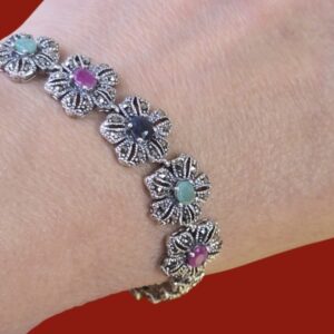 Natural Oval Emerald 5x4mm Ruby Sapphire‎ Marcasite 925 Sterling Silver Bracelet