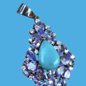 925 Sterling Silver Pendant 2x3.5cm with Natural Turquoise & Tanzanite Gems