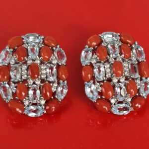 925 Sterling Silver Earrings 1.8x2.4cm with Natural Red Coral & Aquamarine Gems