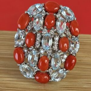 925 Sterling Silver Ring Sz 6.5 with Natural Coral & Aquamarine
