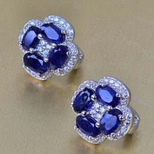 925 Sterling Silver Flower Earrings with Natural Sapphire & Cz